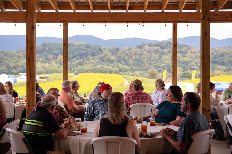 Guests enjoy a catered sunset dinner under the open-air pavilion overlooking sunflower fields and mountains.
